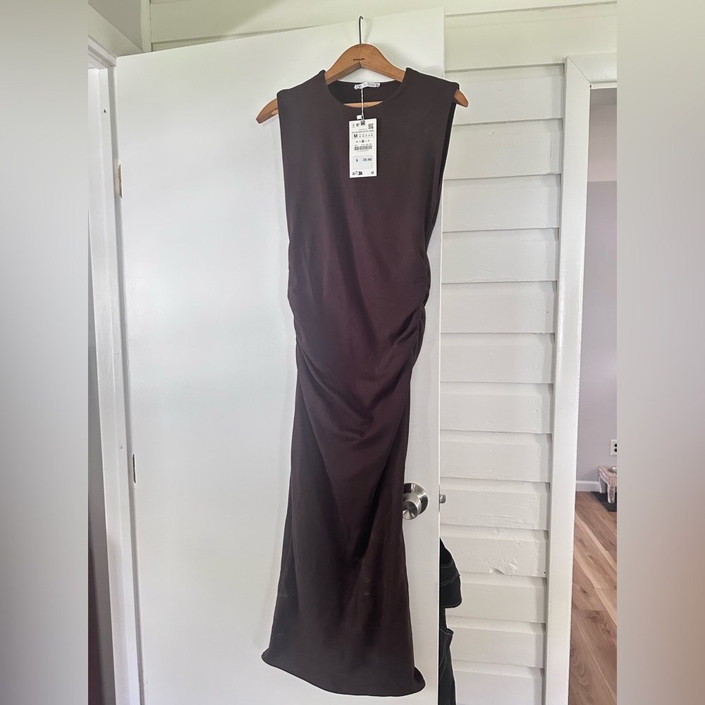 NWT Zara Brown Ruched Maxi Dress